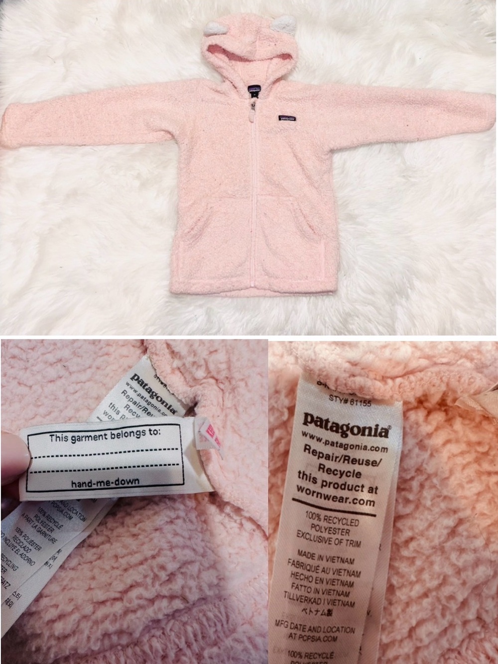 Patagonia Kids Light Pink Plush Hooded Jacket with Ear Details